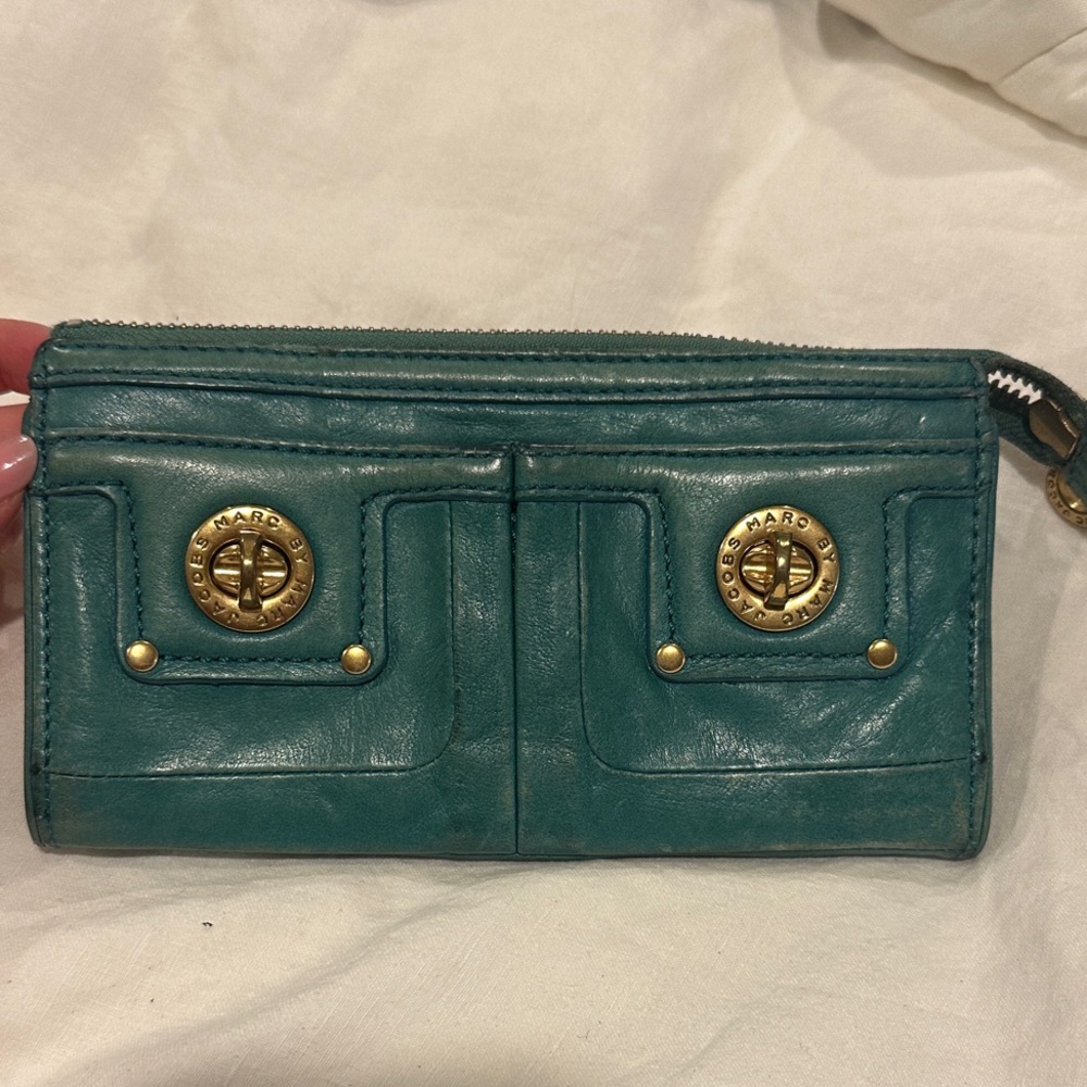 Marc By Marc Jacobs Teal Leather Turnlock Wallet with Gold Accents